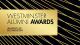 Gold Westminster Alumni Award logo on a black stripy background
