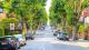 View of a treelined uphill street with a school children sign in West Hampstead