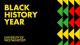 Black History Year University of Westminster poster with yellow writing and a black background and colourful triangular pattern on the right