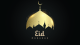 Golden mosque silhouette with crescent moon and Eid Mubarak text on a dark background