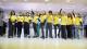 Student ambassadors wearing yellow t-shirts on campus