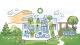Vector image displaying a hand hovering over a town plan map surrounded by greenery and trees