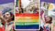 A collage featuring diverse individuals proudly holding a rainbow flag, symbolising LGBTQ+ pride and unity.