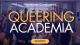 A promotional banner for “Westminster Conversations: Queering Academia” showing a group of people posing and smiling in a room. Large overlay text reads “QUEERING ACADEMIA” with “Westminster Conversations” at the top and a yellow label at the bottom reading “4th edition.” The image has a dark purple overlay and a Pride-themed decoration visible in the background.