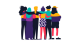 Illustration of a diverse group of people standing together with their arms around each other.