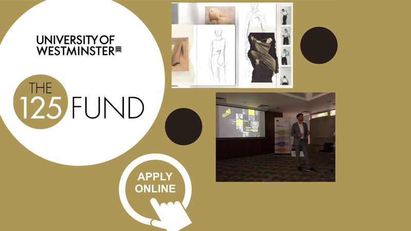 125 Fund logo with student presenting and design project