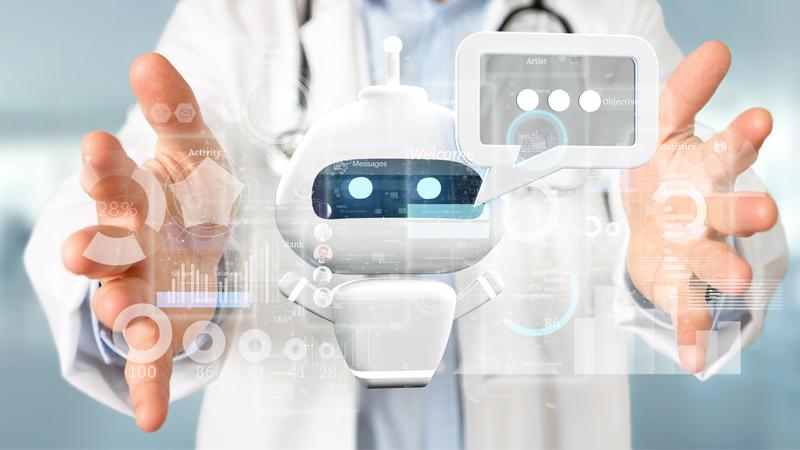 Healthcare professional holding AI chatbot between hands
