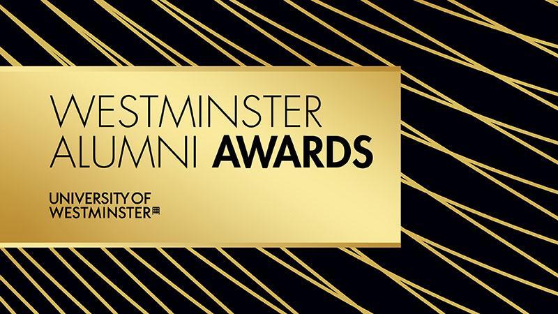 Graphic reading WESTMINSTER ALUMNI AWARDS in black text on a gold background. Underneath is the Westminster logo. 