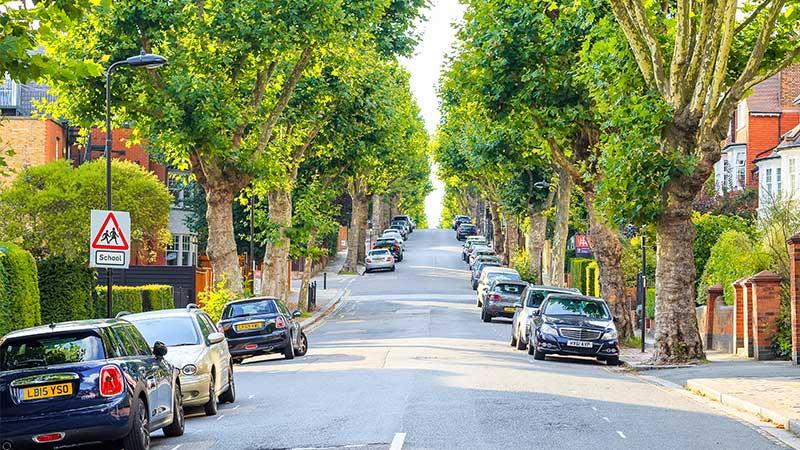 View of a treelined uphill street with a school children sign in West Hampstead