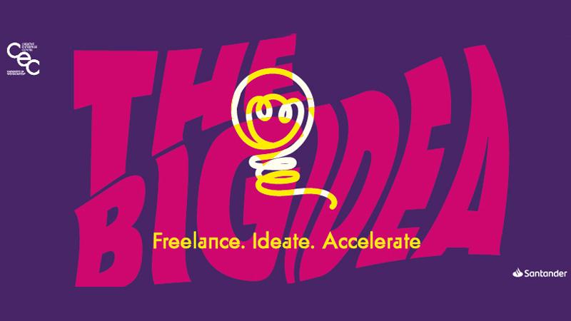 Big idea competition poster with a purple background and big pink writing