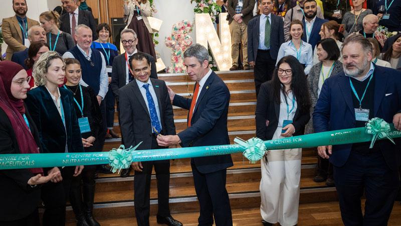 Professor Mohammed Gulrez Zariwala, Professor Peter Bonfield and Howard Dawber OBE cutting the ribbon to the Centre for Nutraceuticals
