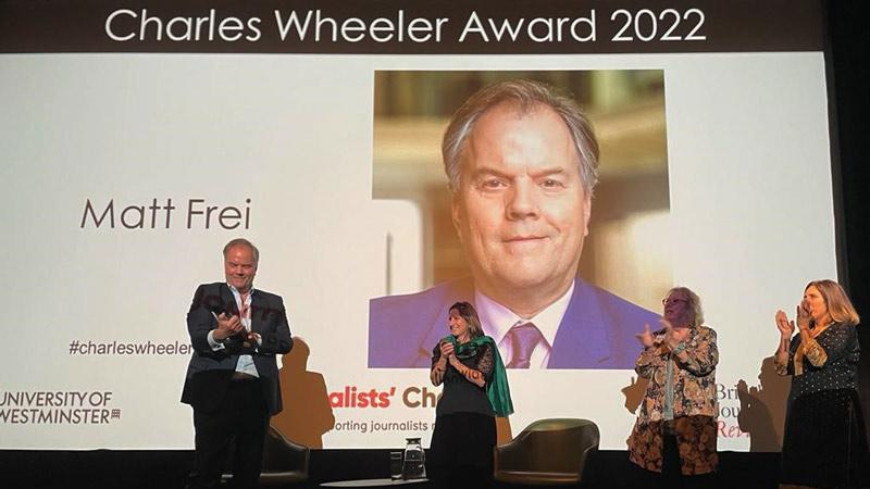 Matt Frei is presented with the 2022 Charles Wheeler Award at the University of Westminster's Regent Street Cinema