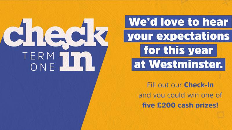 Check in term one wording with yellow and purple background
