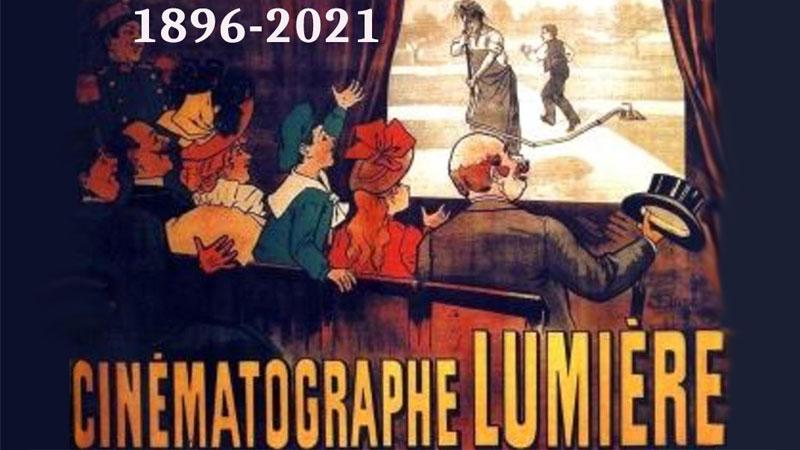 Cinematographe Lumiere text with people in old cinema