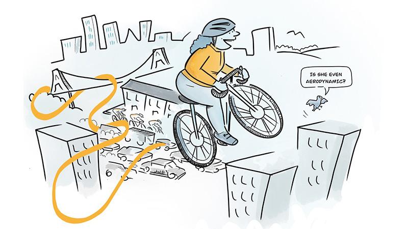 Drawing of a lady cycling through the city by Dulce Pedroso