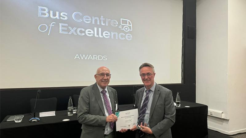 David Astill receives a Lifetime Achievement Award trophy and certificate from Leon Daniels OBE, the President of Chartered Institute of Logistics and Transport