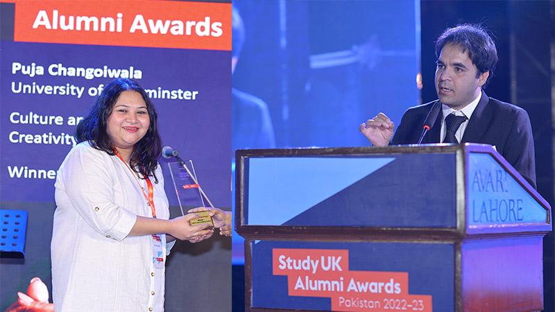 Dawood Shah giving a speech at the British Council Alumni Awards ceremony in Pakistan, on the other side Puja Changoiwala is presented to her award in the ceremony in India