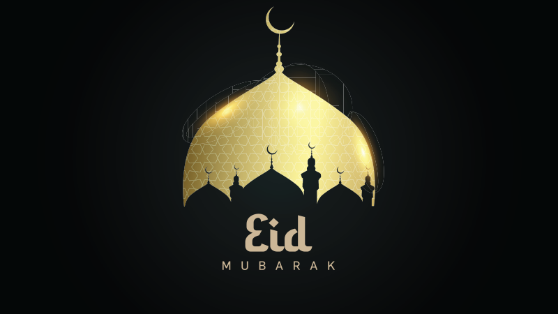 Golden mosque silhouette with crescent moon and Eid Mubarak text on a dark background