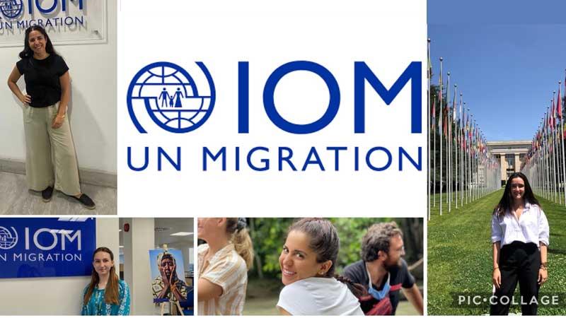 IOM UNI Migration logo with students pictures at IOM headquarters