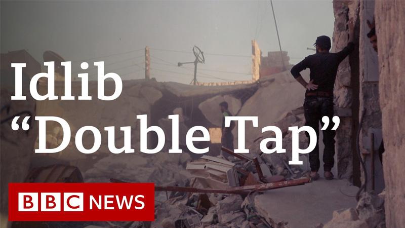 Idlib 'double tap' investigation poster with image of bombed Syria and text of the title and BBC News logo