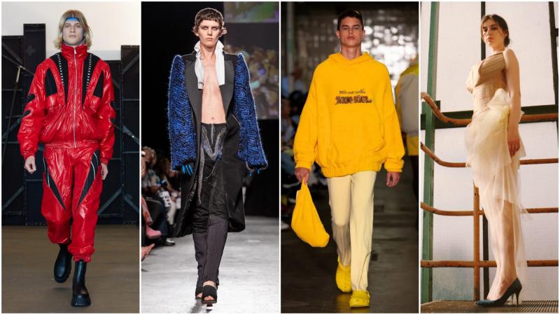 Four models walking on the runway next to each other
