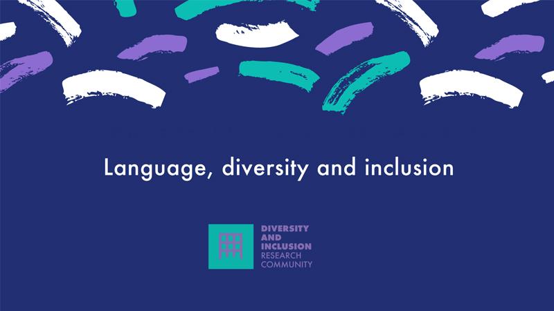 Language, diversity and inclusion poster with dark blue background and a pattern at the top