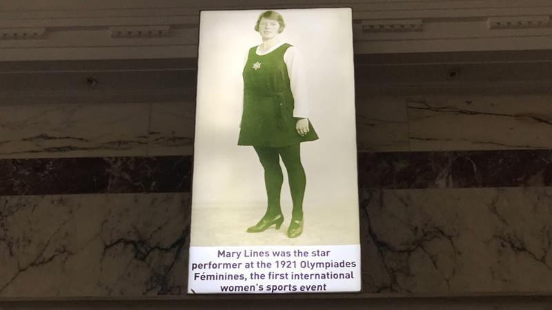 Lightbox featuring Mary Lines portrait on plinth in Regent Campus foyer