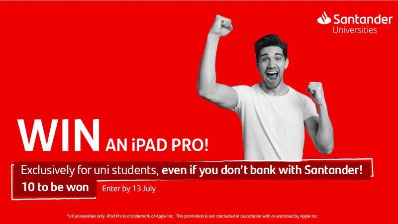 Man celebrating surrounded by text about the Santander Universities iPad Pro competition