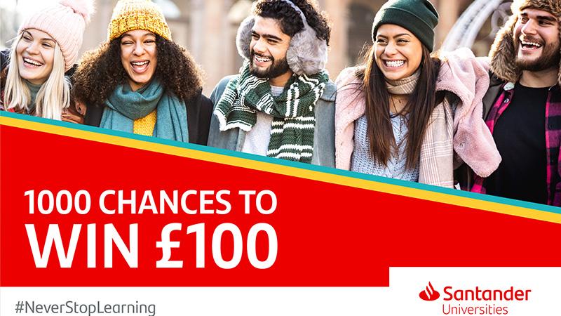 Group of five students smiling plus details of the giveaway