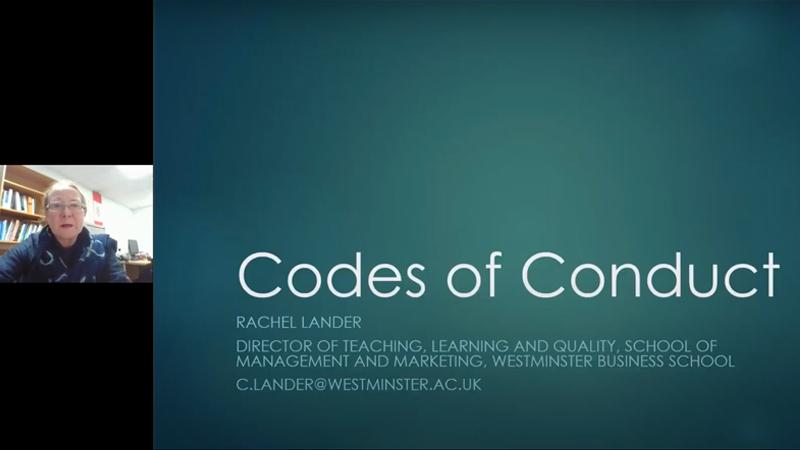 Screenshot of Rachel Lander presenting at online code of conduct webinar