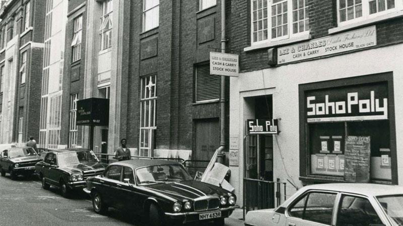 The old Soho Poly facade in black and white