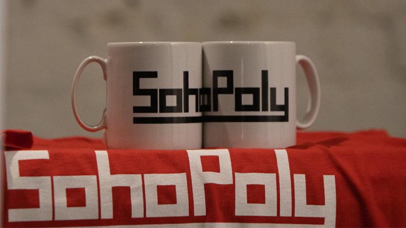 Soho Poly branded mugs and t shirt