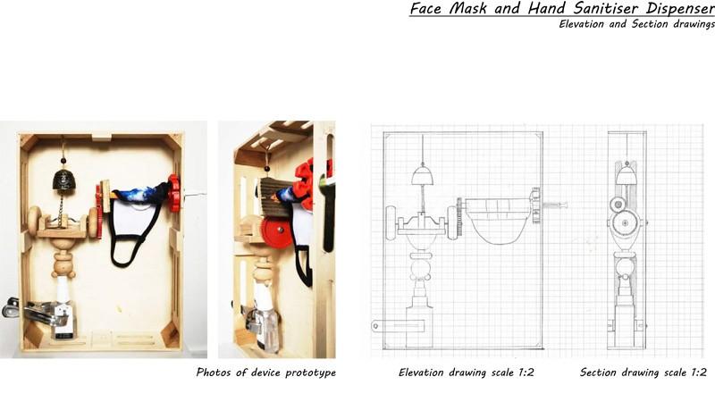 Elevation and section drawings of face mask and hand sanitiser