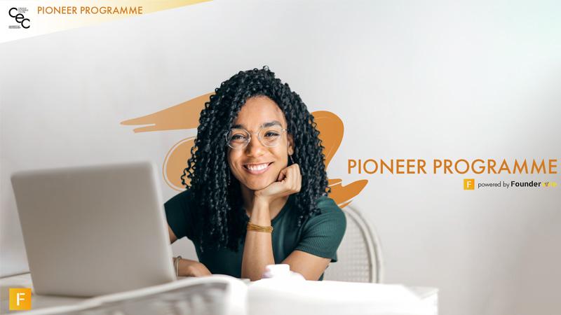 Student smiling with a laptop - poster for the pioneer programme