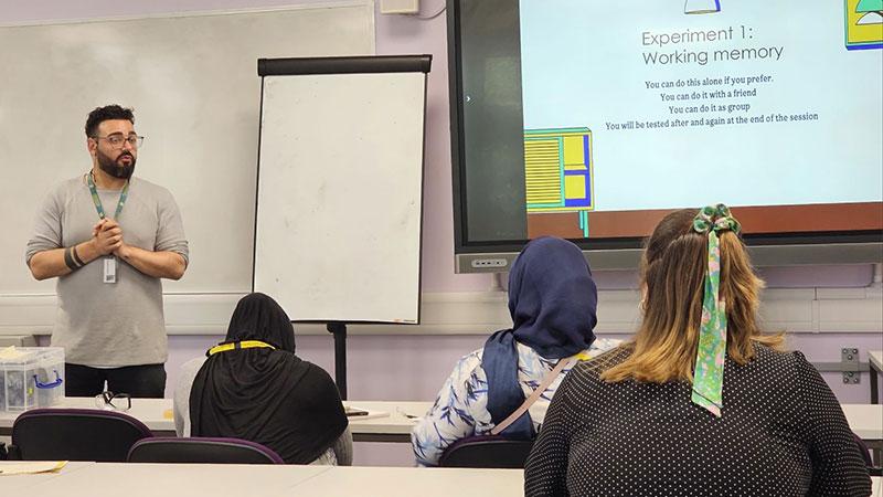 Students being given a talk at the Psychology Insights Day 