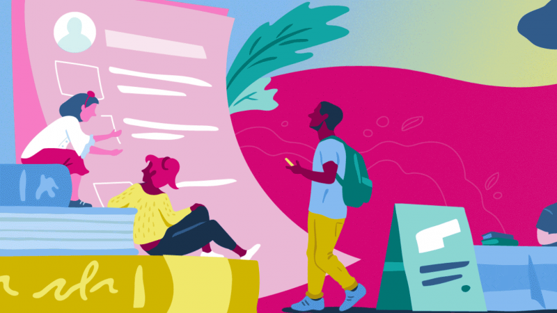 An illustration of students looking at a document