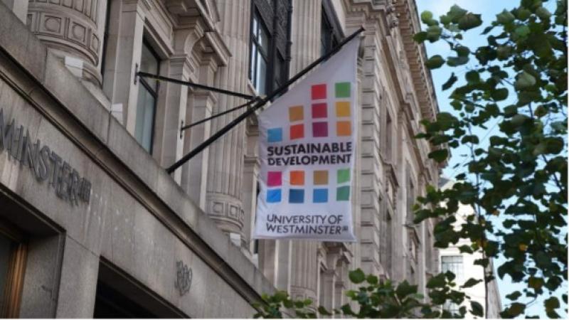 Sustainable development flag on campus building