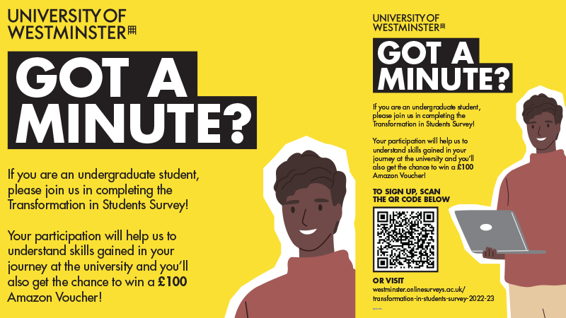 Yellow flyer containing details about the survey as well as the QR code and link needed to participate.