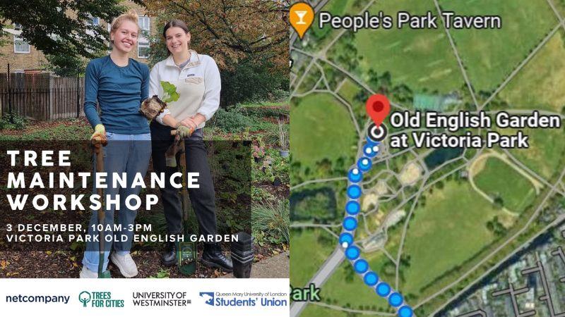 Two girls smiling with garden tools and a map showing the meeting point for the workshop.