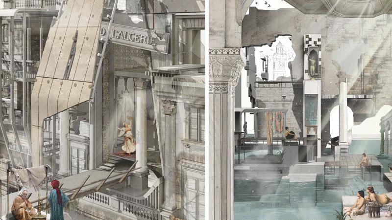Two images of Neda's architectural drawing