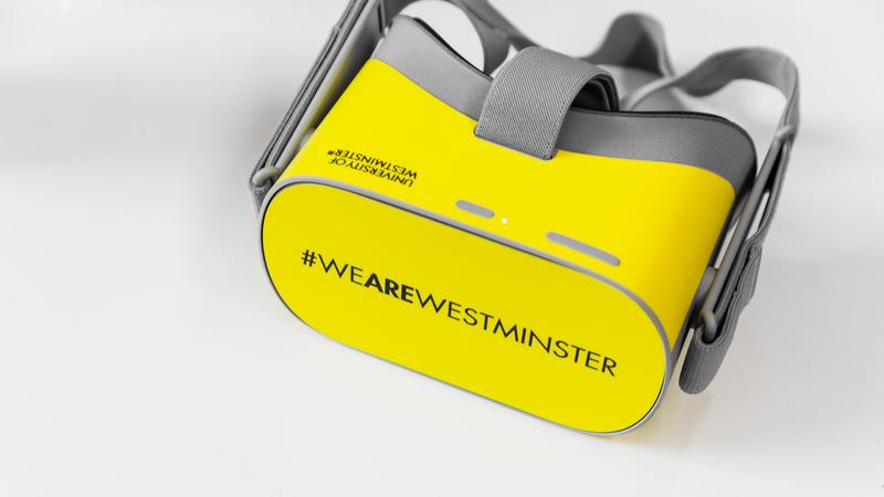 Virtual reality headset with 'We are Westminster' written on the front