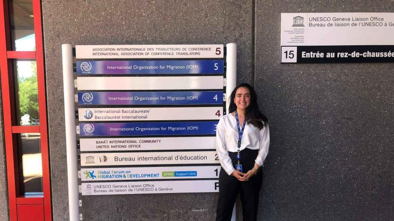 Photo of Westminster student Victoria Ramirez outside her office at IOM Headquarters in Geneva