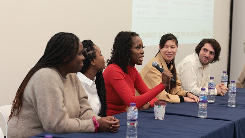 Business alumni panel talking on a What Comes Next event