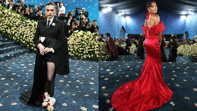 Two images of Aimee Lou Wood (left) and Gabrielle Thomas (right) on the Met Gala carpet. Aimee is wearing a black tailored jacket and skirt and Gabrielle is wearing a beaded red floor-length gown.