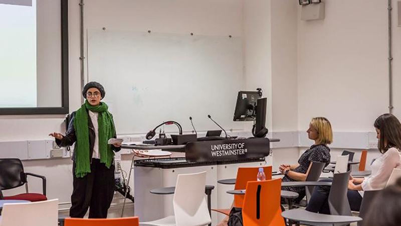 Mashaael Alsowelim presenting her research at the inaugural ABP Student Conference held at Westminster