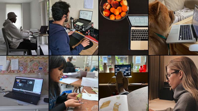 Collage of architecture students at home working setups working on their projects for the OPEN 2020 graduate show