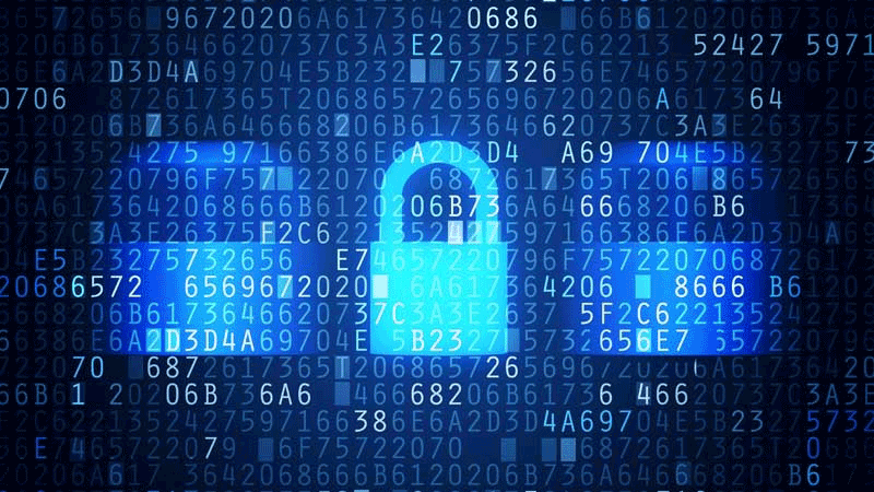 Image of virtual locks and lines of numbers overlappingthem, in a blue hue
