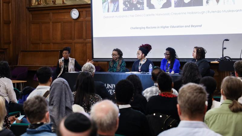 Dr Deborah Husbands and panelists in Fyvie Hall