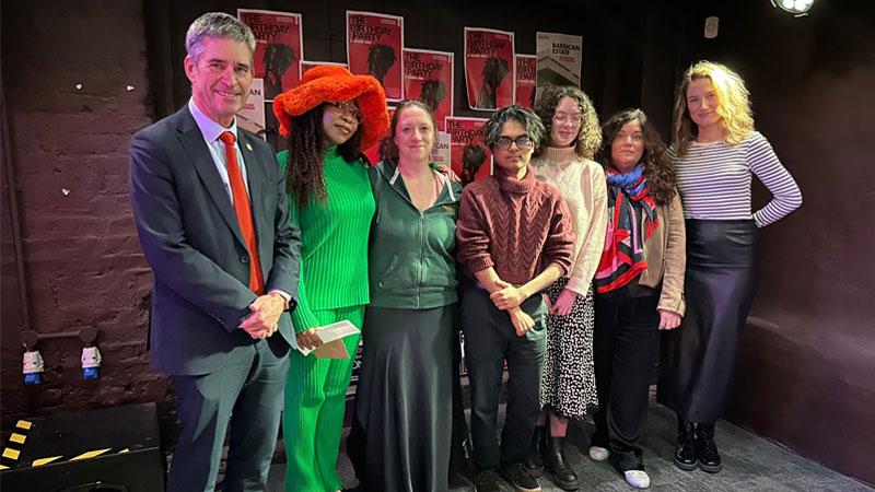 The winning students with Vice-Chancellor and President Professor Peter Bonfield (left), Dr Lucy Brown (third from left) and Dr Hannah Copley (right)