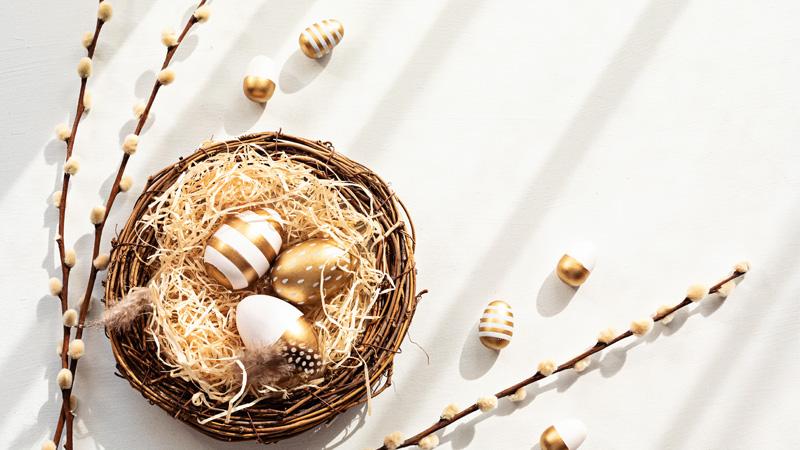 Patterned eggs in nest resting on hay